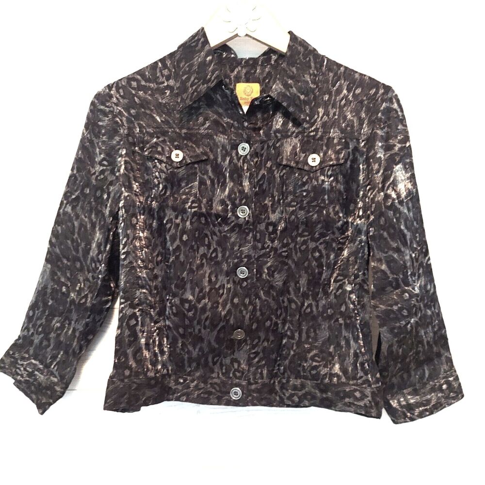 Ruby Rd Shacket Black Silver Animal Print 12P Button Up Metallic